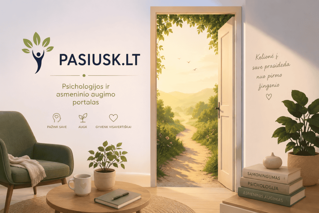 Pasiusk.LT psichologijos ir asmeninio augimo portalas su atvira durimis ir gamtos vaizdu.