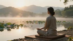 Gydantis žmogus meditacijoje prie ežero saulėlydžio.