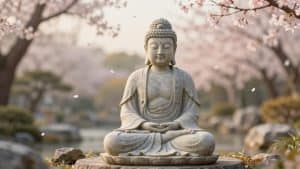 Buddha statula sėdi meditacijoje, rožių žydėjimo sodo fone.